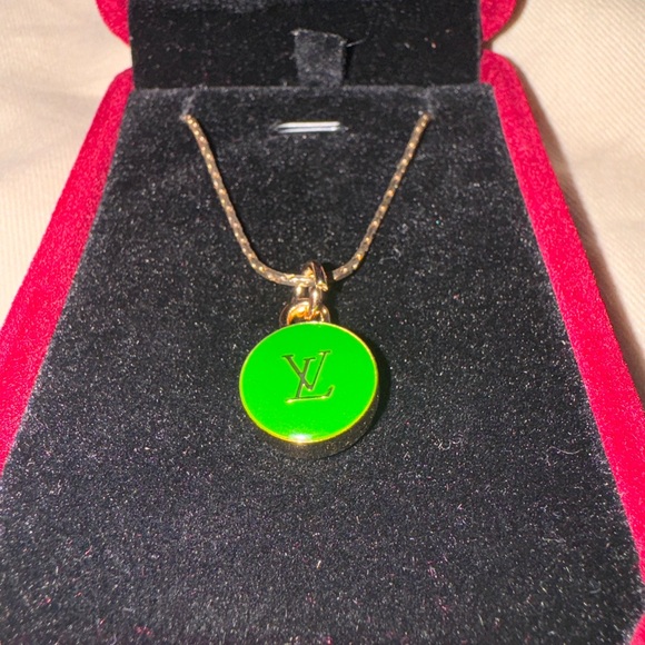 Green Louis Vuitton repurposed zipper charm necklace w/ gold plated 17” chain - Picture 1 of 4